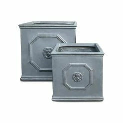 KANTE 12.5" and 10.2"H Square Antique Gray Lightweight Classic English Style Lion Head Planter (Set of 2) Outdoor/Indoor