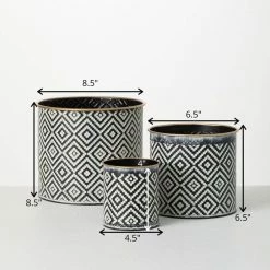 SULLIVANS Black and White Gemoetric Pattern Metal Planter (Set of 3) 13 SULLIVANS Black and White Gemoetric Pattern Metal Planter (Set of 3) -Vigoro Shop black and white patterned sullivans plant pots met1828 fa 1000