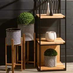 SULLIVANS Black and White Gemoetric Pattern Metal Planter on Stand (Set of 2) -Vigoro Shop black and white patterned sullivans plant pots met1830 1f 1000