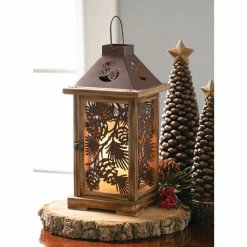 SULLIVANS Brown Metal and Wood Pinecone Lantern
