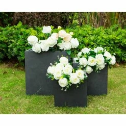 KANTE 16 in. x 12 in. and 10 in. W Square Charcoal Lightweight Concrete/Fiberglass Indoor Outdoor Elegant Planters (Set of 3)