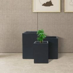 KANTE 19", 16" and 13"H Charcoal Finish Concrete Tall Square Set of 3, Outdoor Indoor Lightweight Planters w/ Drainage Hole -Vigoro Shop charcoal kante plant pots rf0007abc c60121 1f 1000