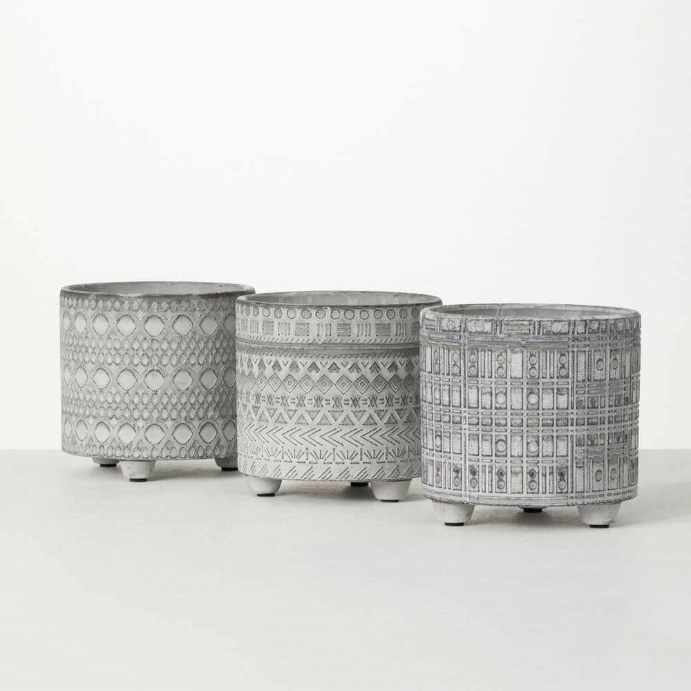 SULLIVANS Gray Geometric Print Cement Pot - Set of 3 3 SULLIVANS Gray Geometric Print Cement Pot - Set of 3