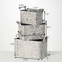 SULLIVANS 9.5 in., 8.5 in. and 7.5 in. Gray Metal Flourish Planter with Handles - (Set of 3) -Vigoro Shop gray sullivans plant pots met1823 1f 1000