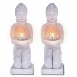 KANTE 12.8 in. H Gray Cement Buddha Garden Statue Tealight Candle Holder Ornament (2-Pack) -Vigoro Shop kante garden statues sx20200176 4f 1000