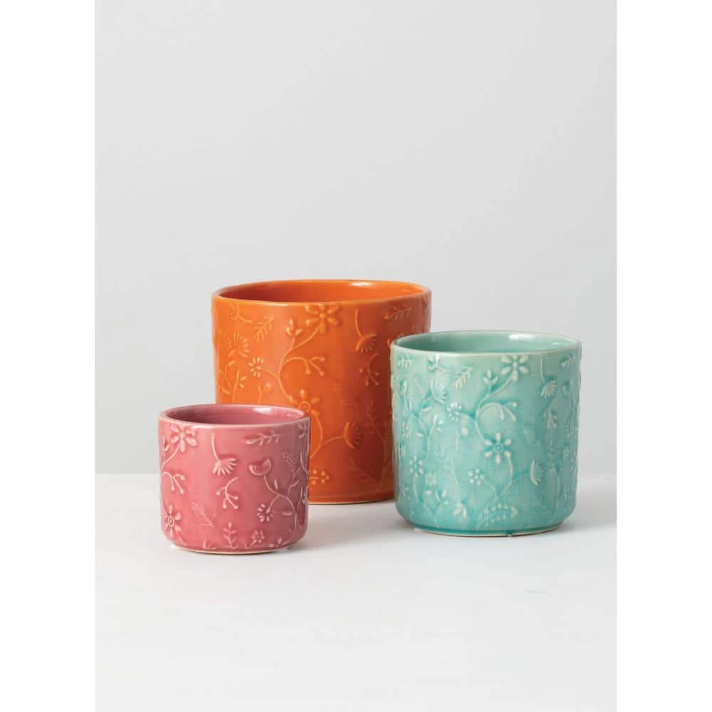 SULLIVANS Multi-Color Ceramic Floral Relief Flower Pot (Set of 3) 6 SULLIVANS Multi-Color Ceramic Floral Relief Flower Pot (Set of 3) - Image 4