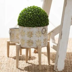 SULLIVANS White and Gold Flower Burst Metal Planter on Stand (Set of 3) -Vigoro Shop white and gold patterned sullivans plant pots met1880 4f 1000