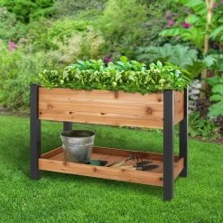 Vigoro 2 ft. x 4 ft. Elevated Cedar Garden Bed with Shelf (Vinyl Legs) -Vigoro Shop wood vigoro raised planter boxes 445190 4f 1000